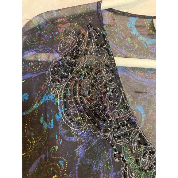 Chico's Silk Kimono Top Womens Large Paisley Beaded Dark Romantic Sheer - Picture 3 of 12